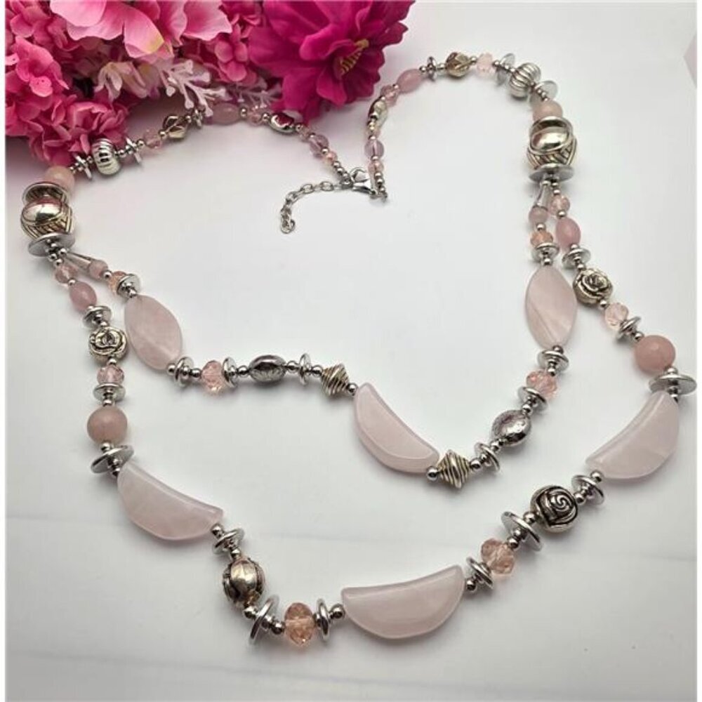 Rose Quartz Silver Tone Double Strand Statement Necklace 35 In Adjustable